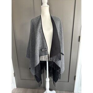 Cashmere Finished Made In Florence Italy Gray And Black Fringed Open Poncho Cape